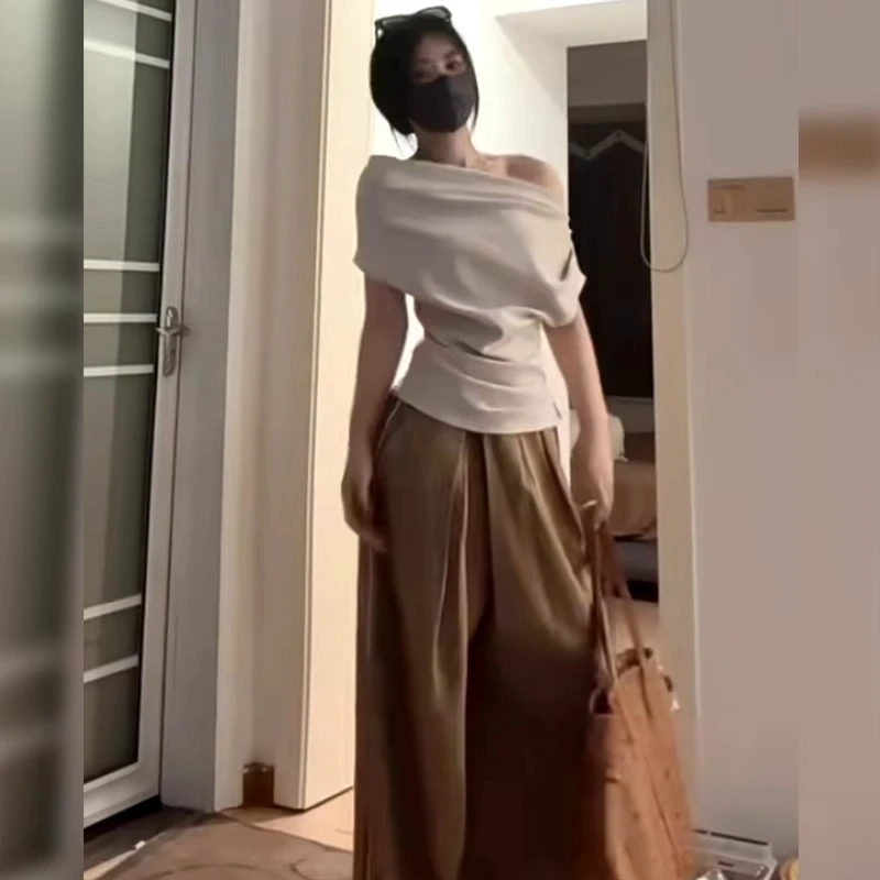 美式辣妹不规则斜肩短袖T恤女夏季设计感超好看独特漂亮掐腰上衣