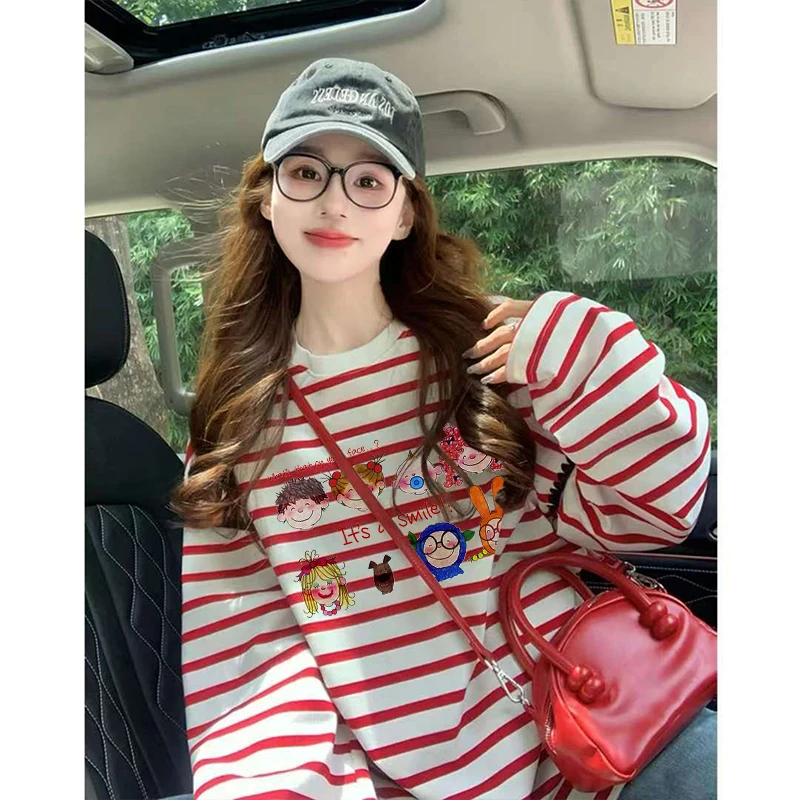 条纹长袖t恤长袖套头衫女春秋宽松遮肉显瘦打底衫上衣