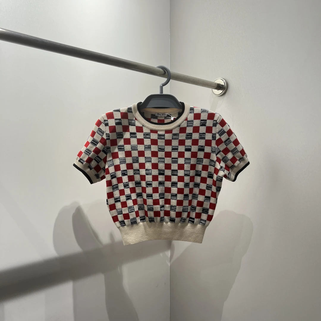 99新 MIU MIU/缪缪 ag233/红黑棋盘针织毛衣 羊毛 38码