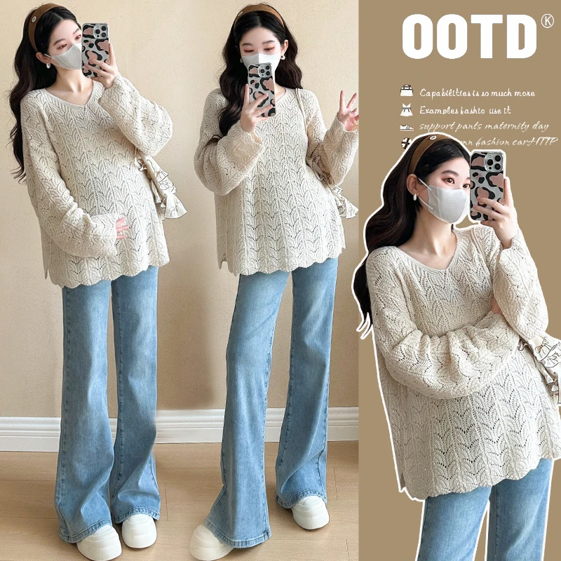 孕妇装春装上衣蕾丝显瘦长袖打底时尚款中长款宽松V领新款针织衫
