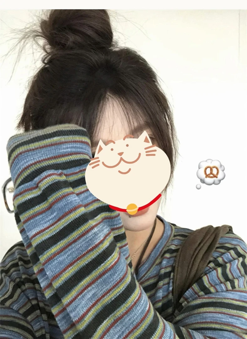 韩女穿搭~撞色条纹圆领长袖T恤女春秋新款休闲宽松百搭打底上衣