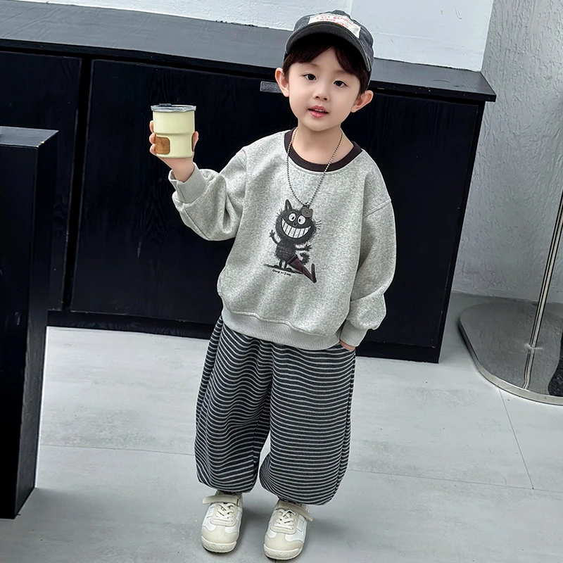 男童春秋卫衣套装儿童条纹束脚裤2025新款长袖套头衫宝宝时髦衣服