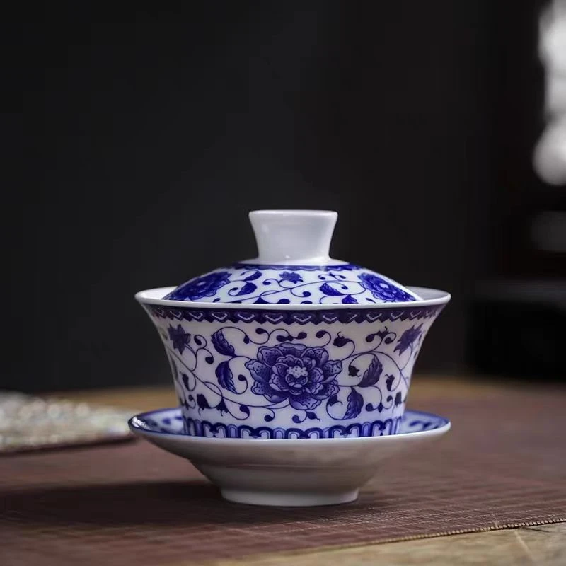 景德镇芙蓉青花白瓷盖碗