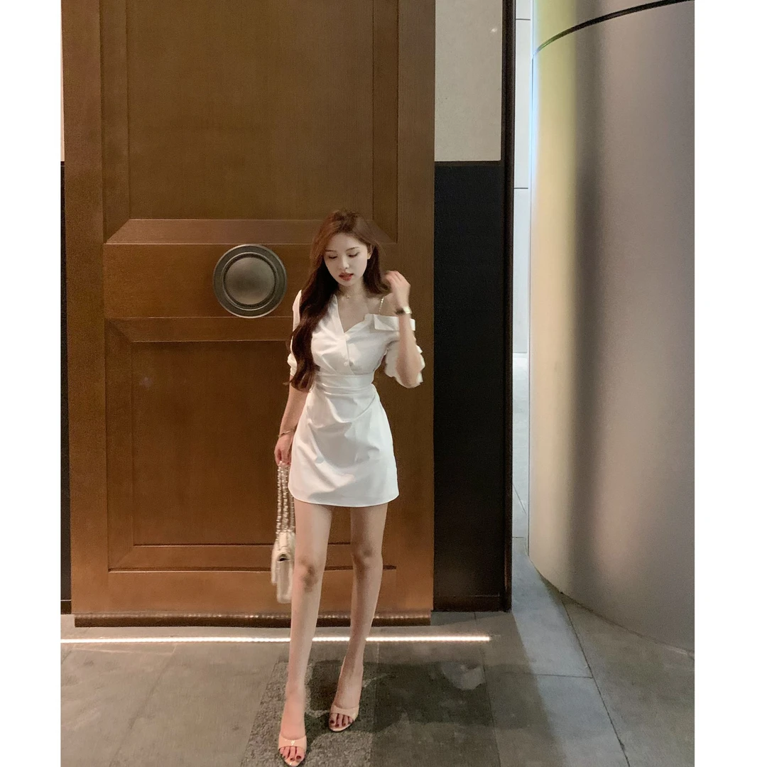 SZA【人鱼白日】秋季新款气质设计感露肩收腰短款衬衫连衣裙A-2209