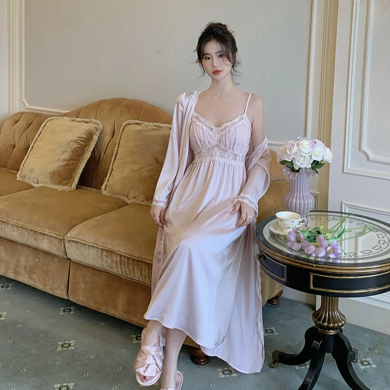 【北星两件套】法式性感睡衣女春季冰丝吊带睡袍带胸垫家居服可外穿