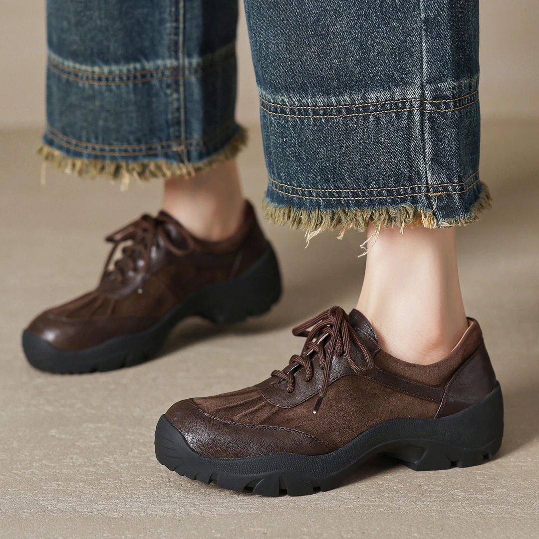 修悦~大码鞋复古真皮德训鞋女厚底系带休闲鞋棕色拼接运动鞋羊皮