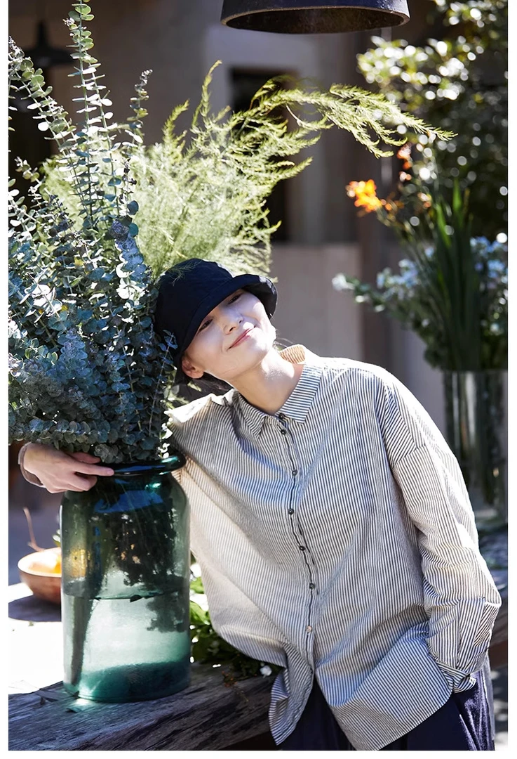 秋季衬衣文艺复古原创女装黑米条纹纯棉肌理感亲肤宽松男友大衬衫