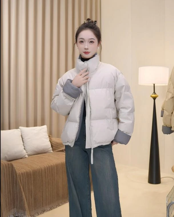 拼色白鸭绒立领羽绒服女冬季韩系加厚面包服55010