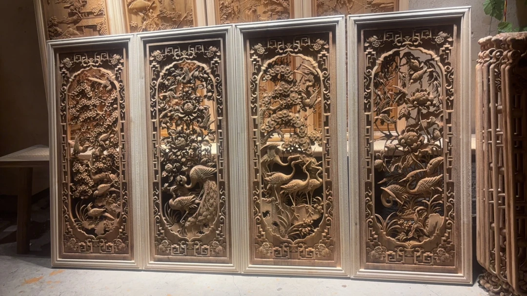 东阳木雕深雕镂空四季花鸟挂屏装饰品