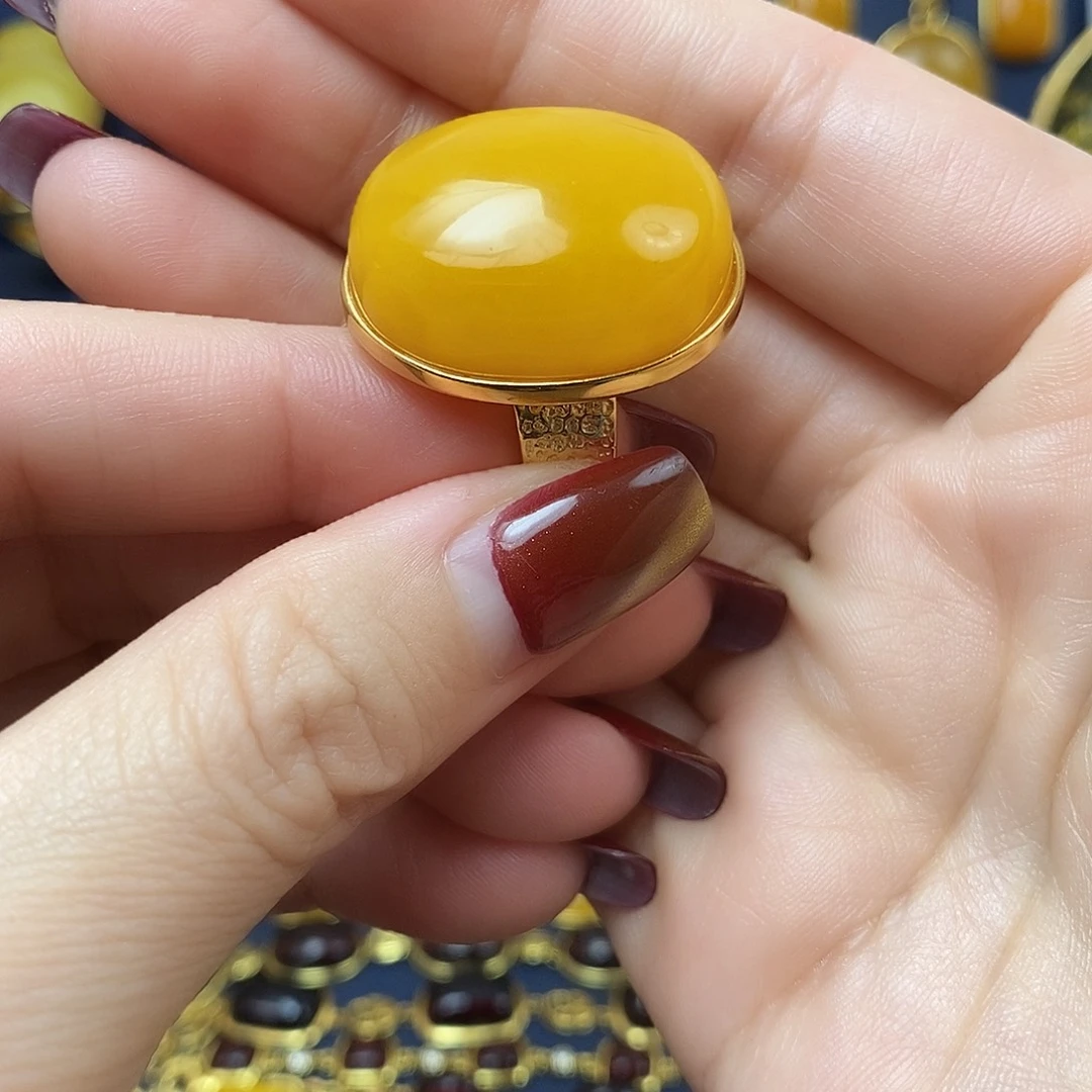 蜜蜡戒指银S925镀金镶嵌