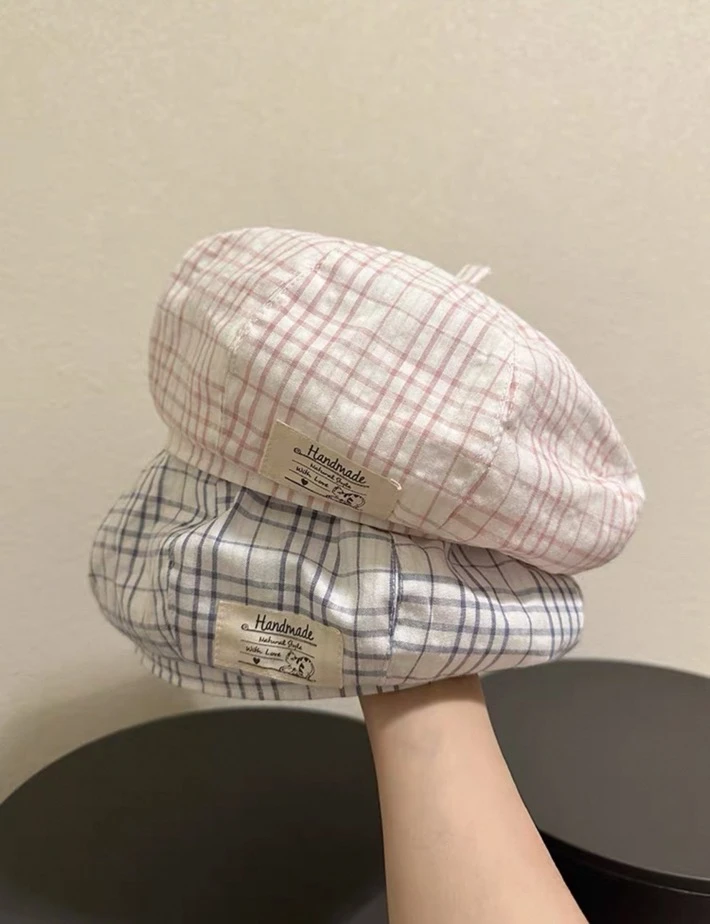 其他/其他贝雷帽女夏季薄款显脸小报童蓓蕾帽潮格子云朵画家帽