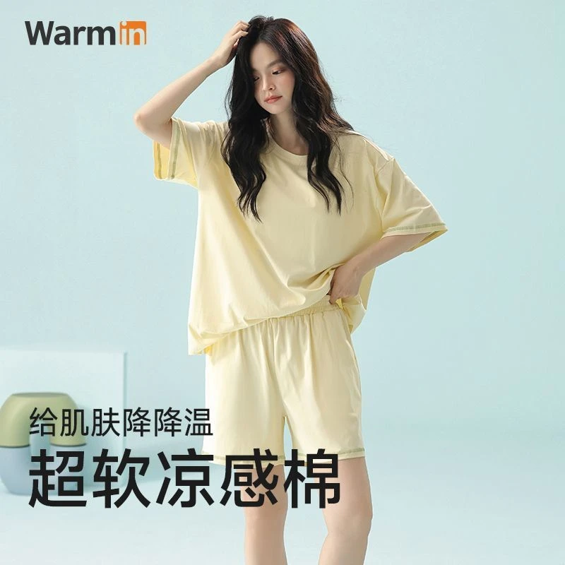 春夏家居服100%纯棉睡衣女士夏季短袖短裤薄款休闲可外家居服套装