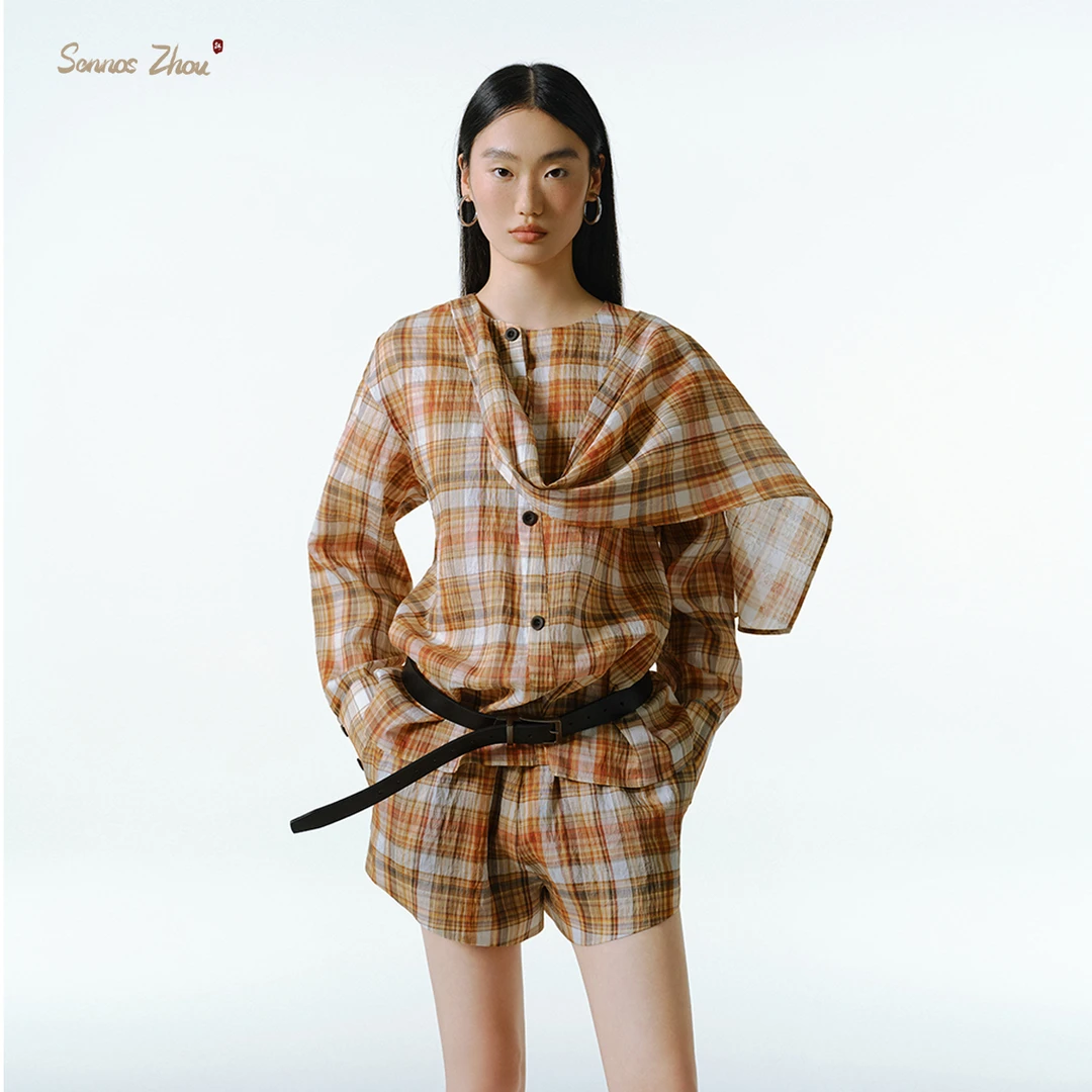【Sennos Zhou】牧昏朝歌格纹飘带斜襟上衣 Y58008