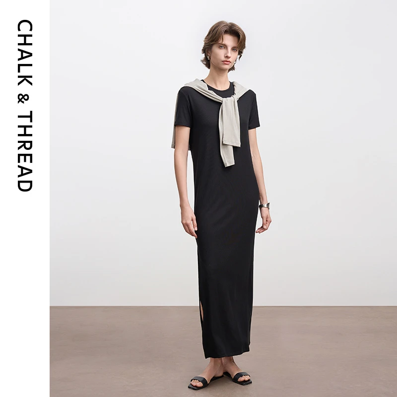 CHALK&THREAD松弛开叉设计弹力莱赛尔罗纹针织圆领短袖T恤连衣裙