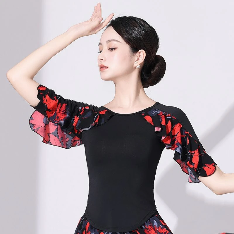 摩登舞上装女中袖花色舞蹈上衣广场交谊舞小衫女士国标舞服时尚感