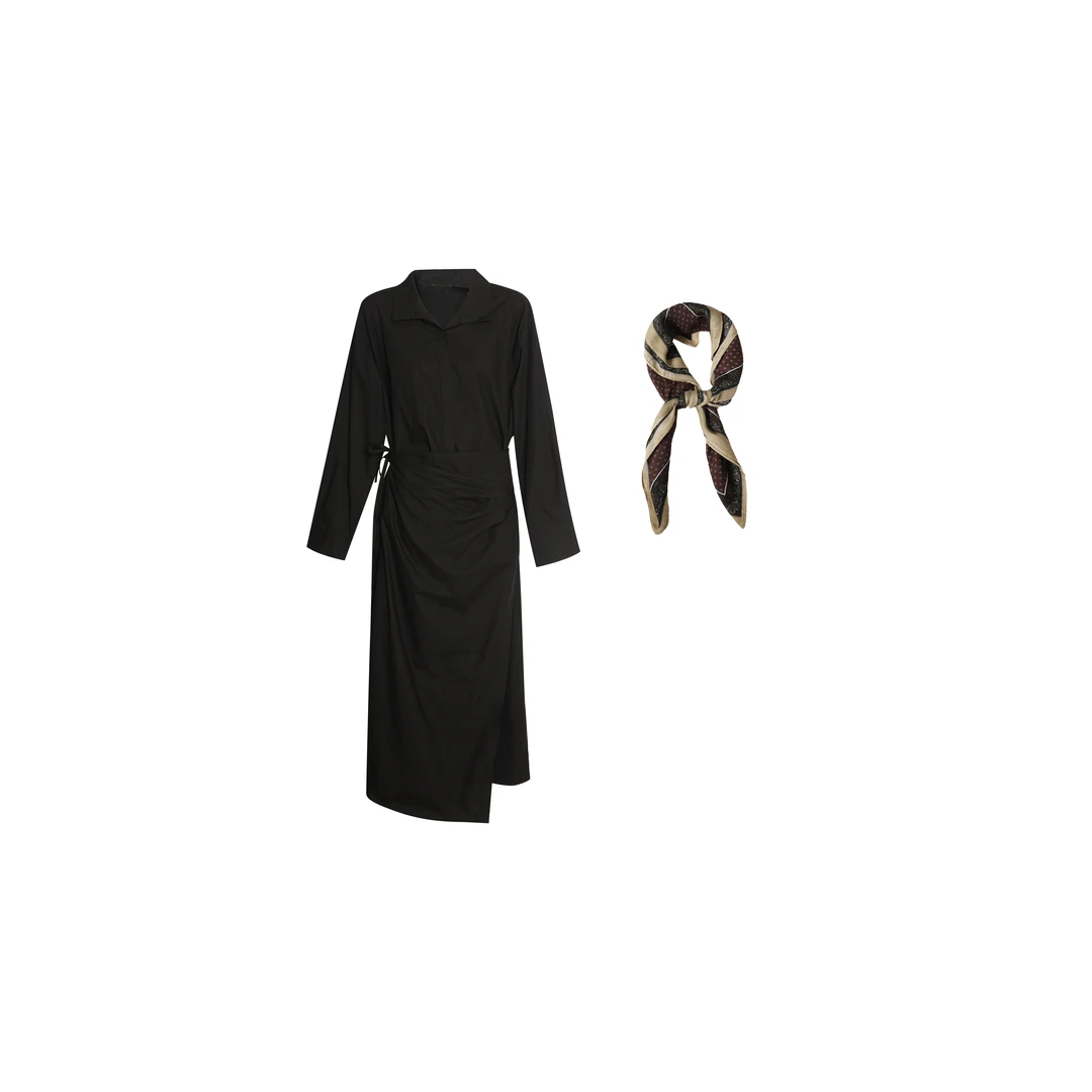 妯娌私服【简雾】轻奢中长款连衣裙收腰黑色长袖[送丝巾] 18378