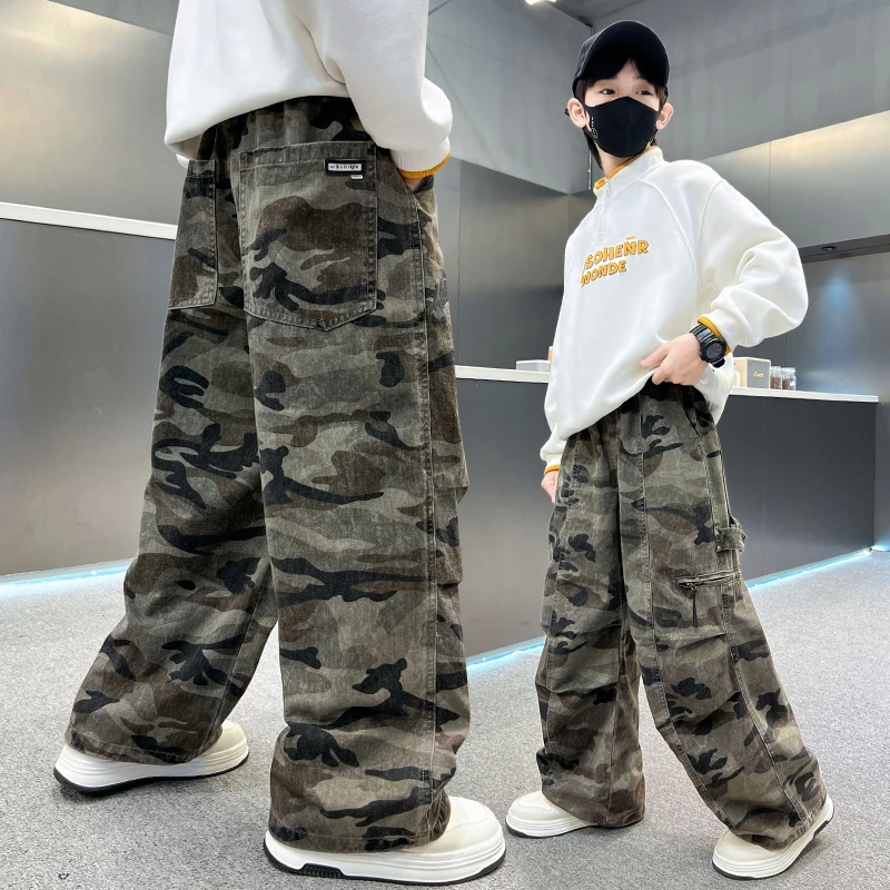 男童迷彩裤子春秋款2025新款潮酷户外工装裤中大童秋季阔腿休闲裤