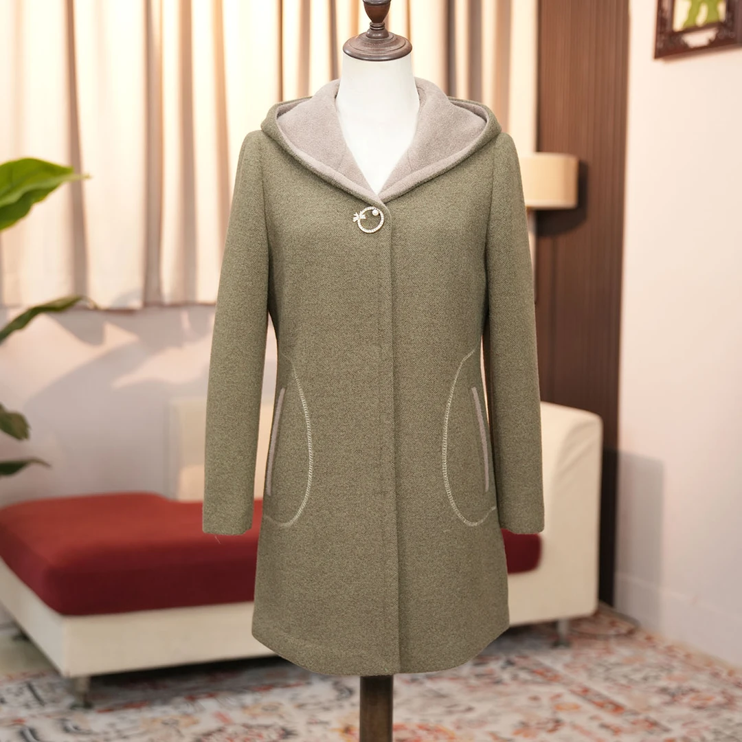时尚连帽中老年女装中年双面呢子洋气加厚妈妈装毛呢外套24-59