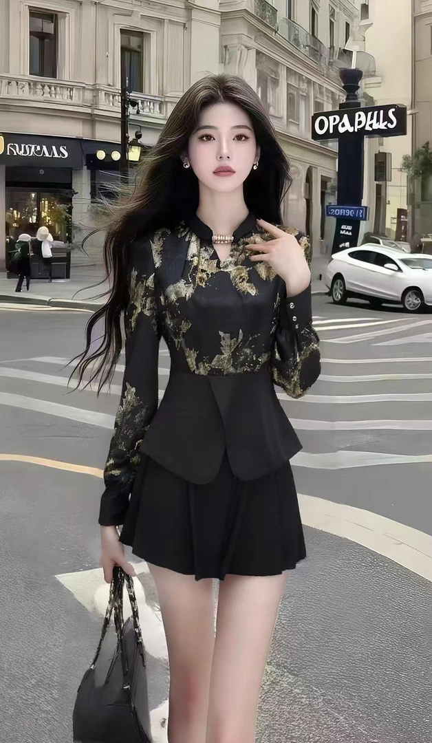 时尚气质显瘦高级感穿搭黑色立领长袖修身上衣+黑色百搭半身裙女