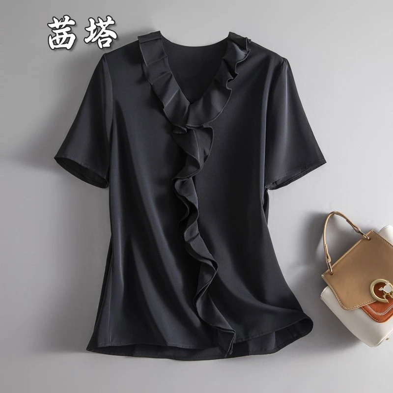 2025年时尚夏季新款原创设计女装木耳边V领短袖雪纺衫纯色上衣女