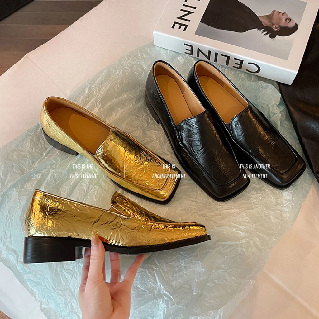 2122/3.5cm手抓羊皮方头单鞋乐福鞋复古气质