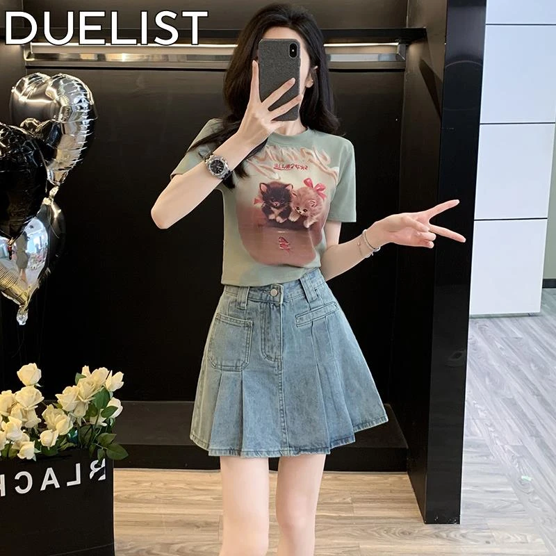 DUELIST小个子穿搭一整套新款时尚减龄短款短袖恤牛仔短裙两件套