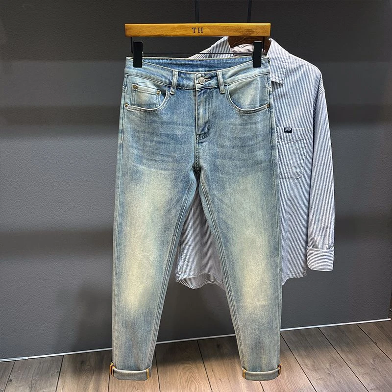 【现货秒发】2025春季新款时尚高端复古牛仔裤修身小脚弹力长裤子男