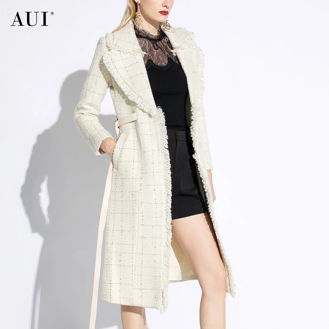 《李易行》AUI杏色中长款毛呢外套小香风呢子大衣-19Q095030