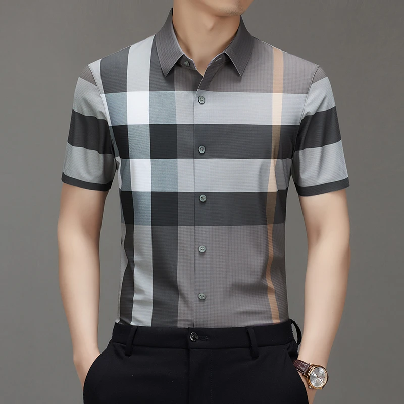 【赠送运费险】高端男士时尚英伦格子弹力短袖衬衫丝滑无痕免烫衬衣