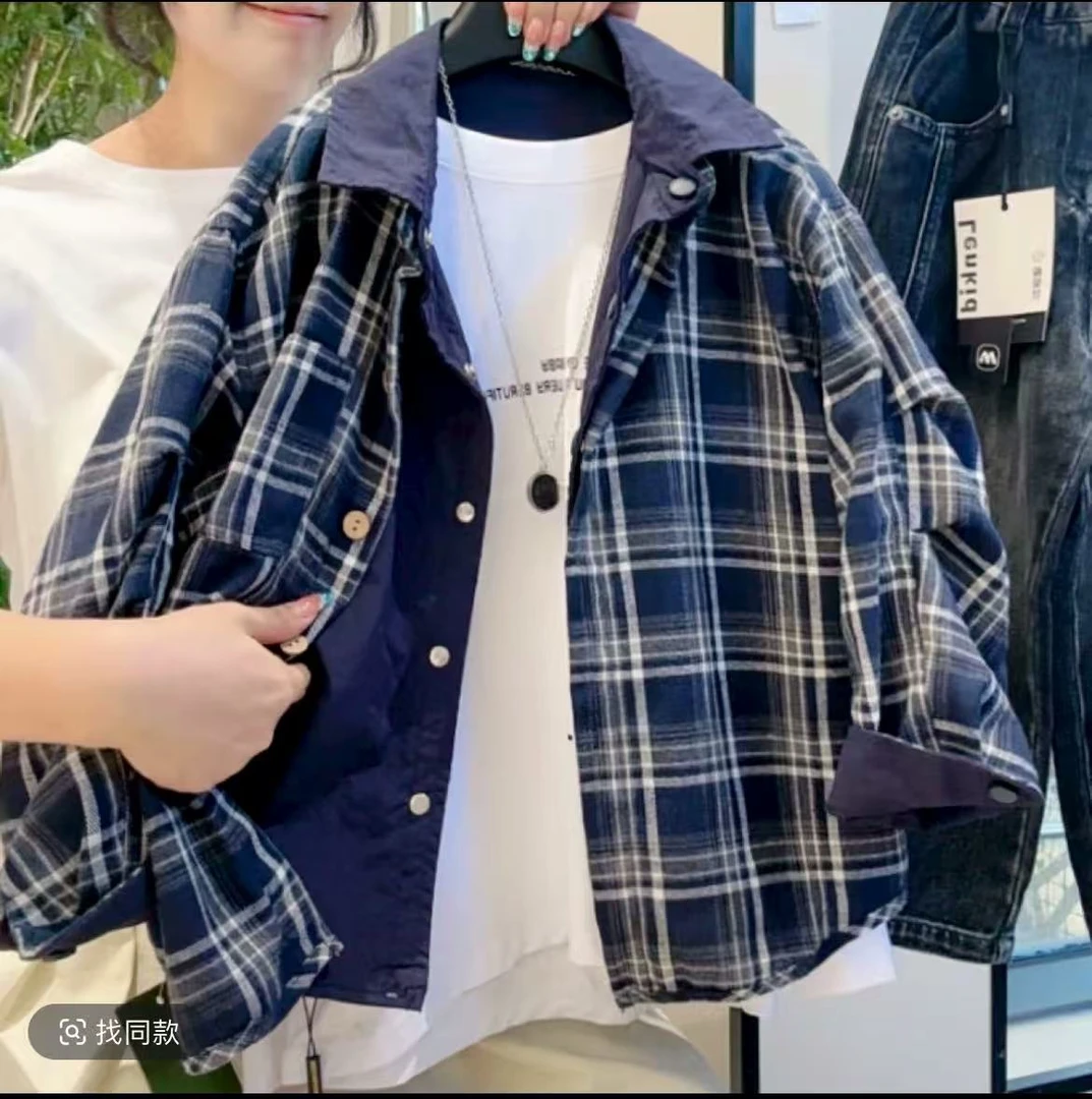 25款格子上衣宽松单排扣两面穿秋季两件不起球夹克长袖时尚洋气
