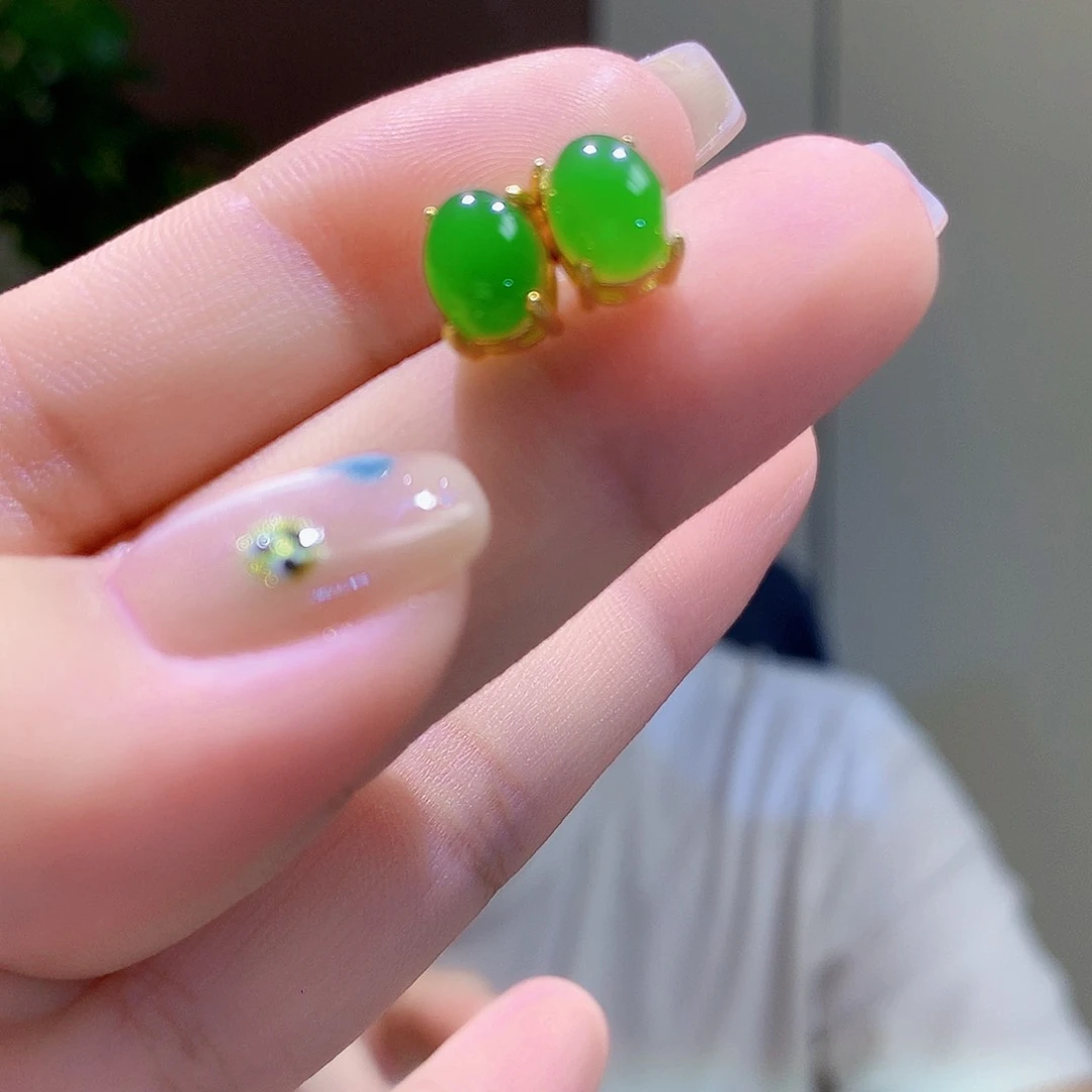 和田玉（碧玉）银S925镀金镶嵌耳饰