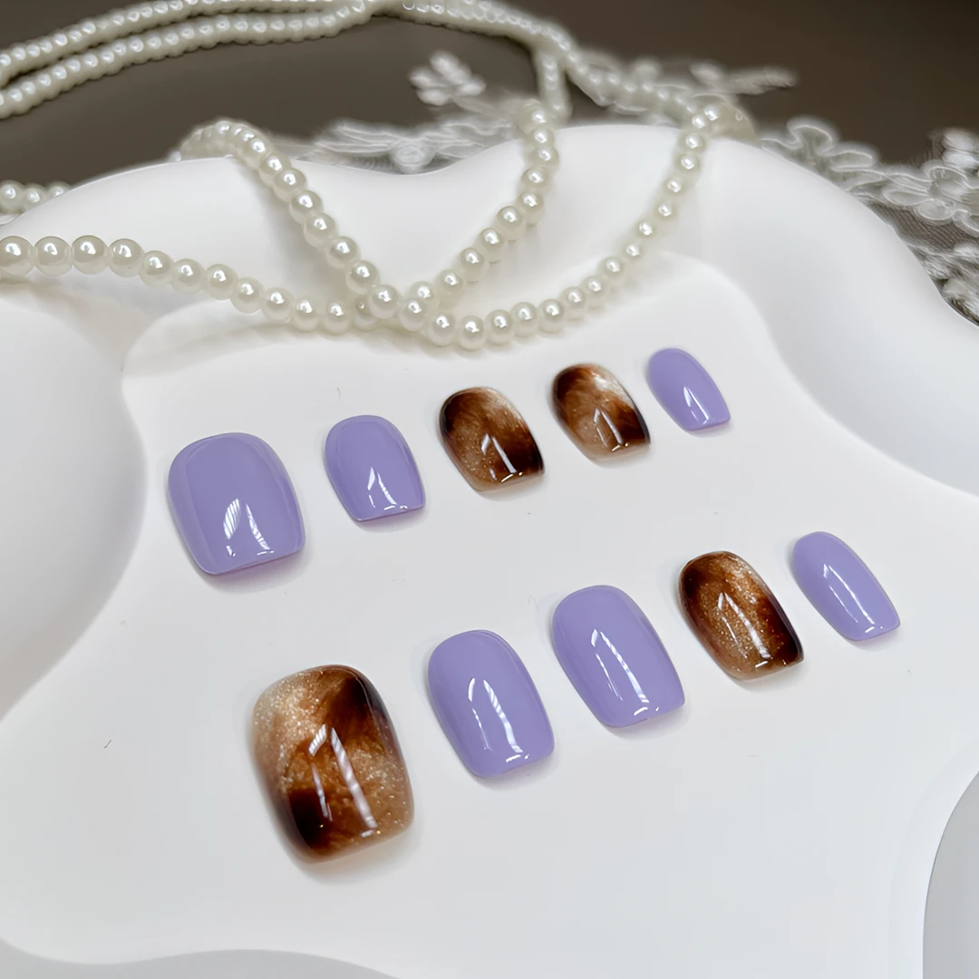 A1022『萝紫槟金』甜美紫手绘晕染晶莹猫光纯手工制作穿戴甲