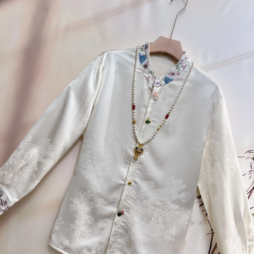 衬衫休闲春季百搭女装民族风衬衫立领提花刺绣花气质新中式国风