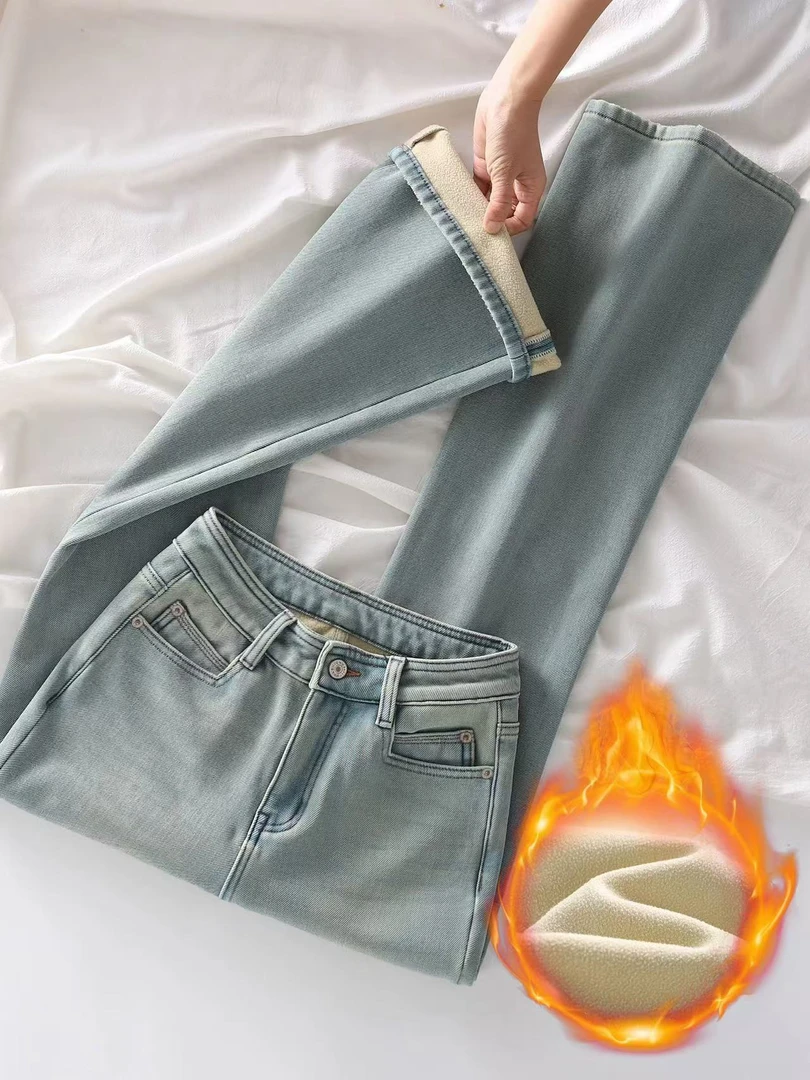 【亲】加绒美式复古水洗蓝色牛仔裤阔腿宽松直筒松弛感休闲长裤