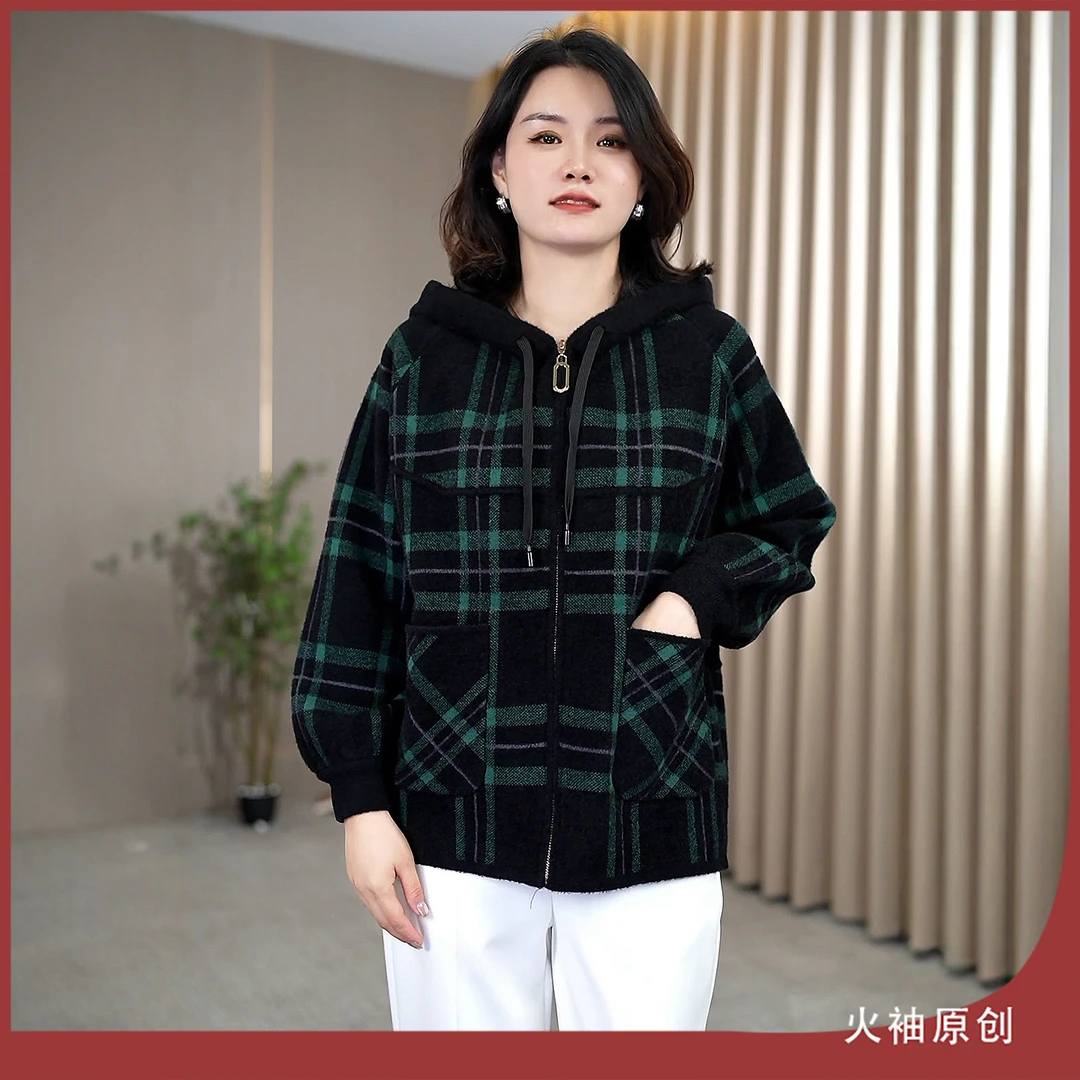 火袖G1789中老年妈妈装格纹短外套早秋新款宽松气质百搭长袖短款