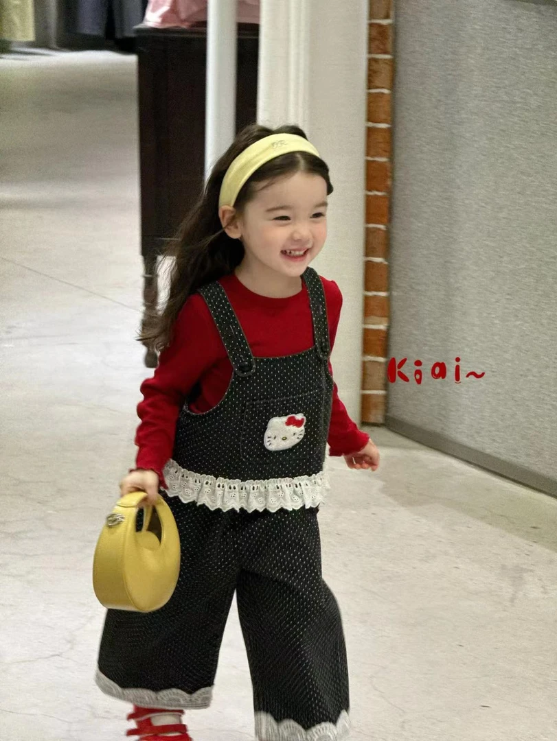 女童红色上衣黑色波点吊带休闲裤两件套（kiai-3123+3099-秋A）汉服