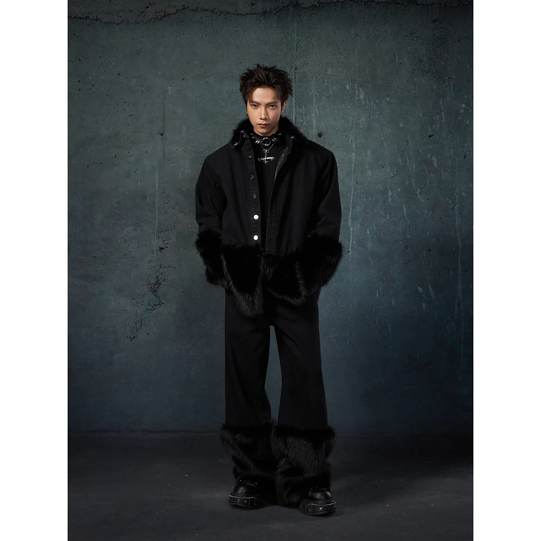 无人孤岛 原创毛毛拼接可拆卸领夹棉牛仔外套宽松直筒牛仔裤套装