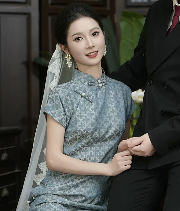 8688-古法全开襟蓝色旗袍年轻款素雅文艺大学生宽松版老上海旗袍