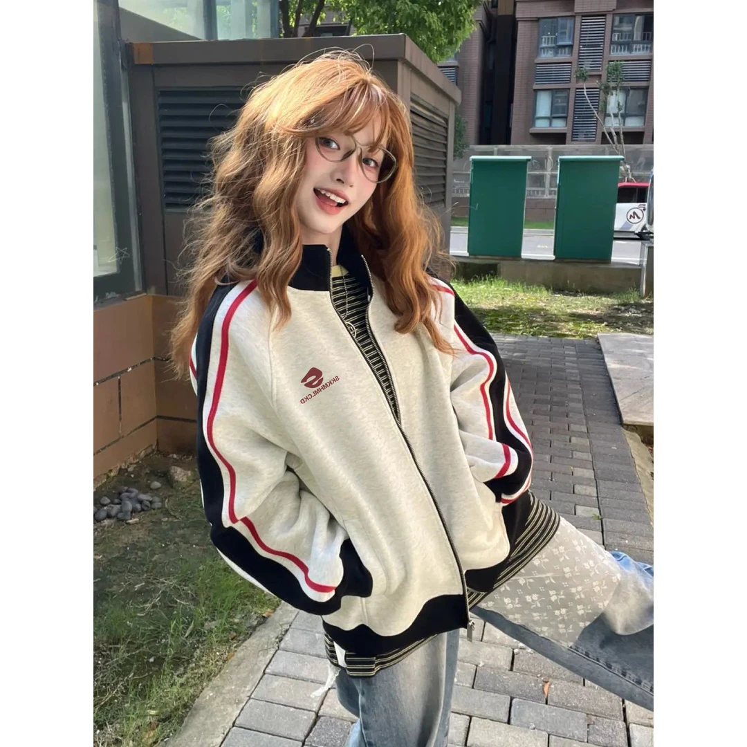 欧美式复古撞色拼接运动翻领卫衣夹克女秋冬季宽松休闲秋冬外套潮