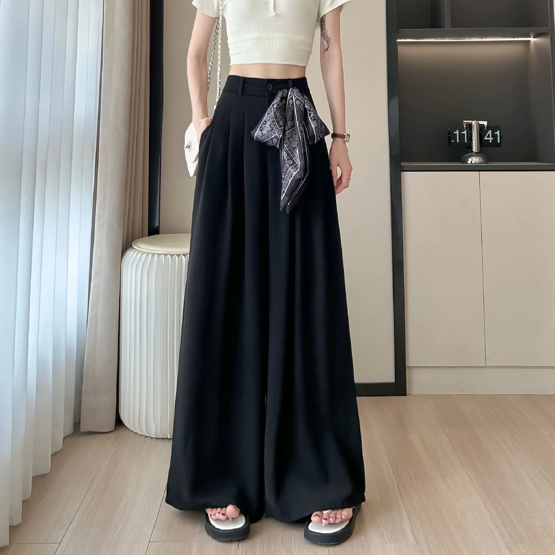 (送丝巾)慵懒风西装宽松垂感阔腿裤女早秋新款休闲裤丝巾绑带设计