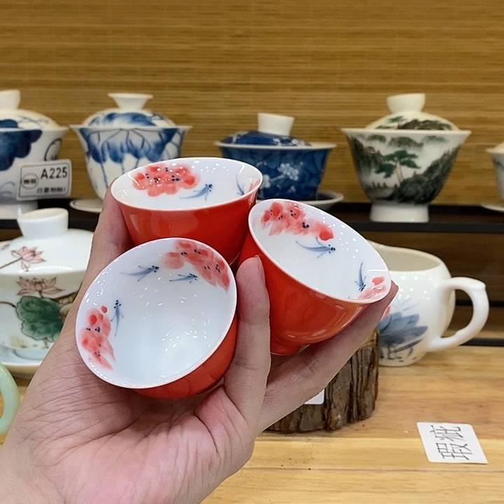 手绘龙船花杯子3个装瑕疵福利款
