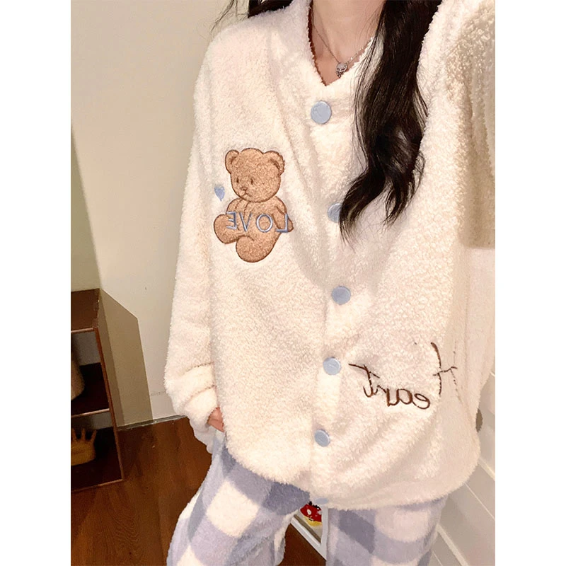 小熊半边绒睡衣秋冬季爆款卡通加厚保暖珊瑚绒女士家居服两件套装