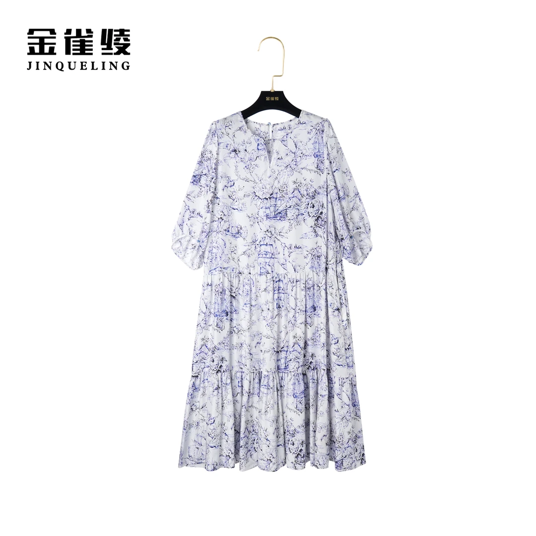 金雀绫【青花】桑蚕丝连衣裙法式轻奢印花显瘦设计师款B23054