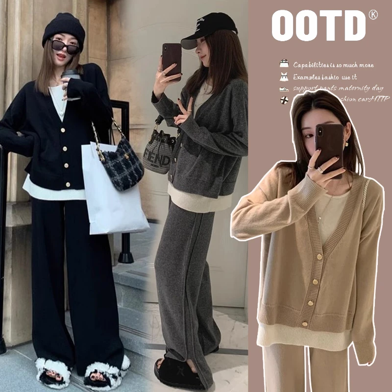 孕妇秋装假两件拼接针织毛衣上衣慵懒气质时尚宽松显瘦两件套装秋