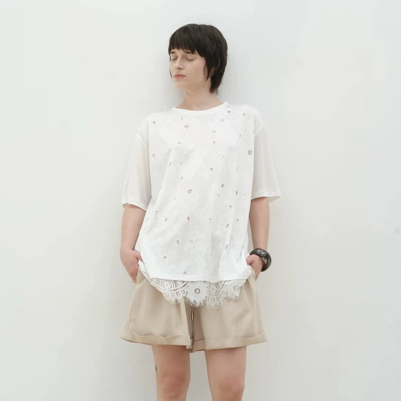 CAYLA25新款度假系列蕾丝拼接镂空设计感短袖T恤宽松