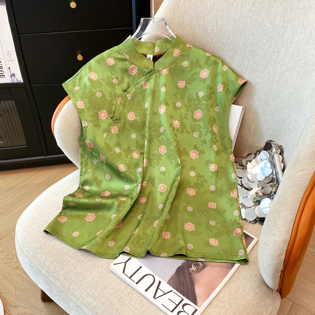 新中式印花衬衫夏新款轻薄透气轻奢高档提花缎面绿色盘扣短袖上衣