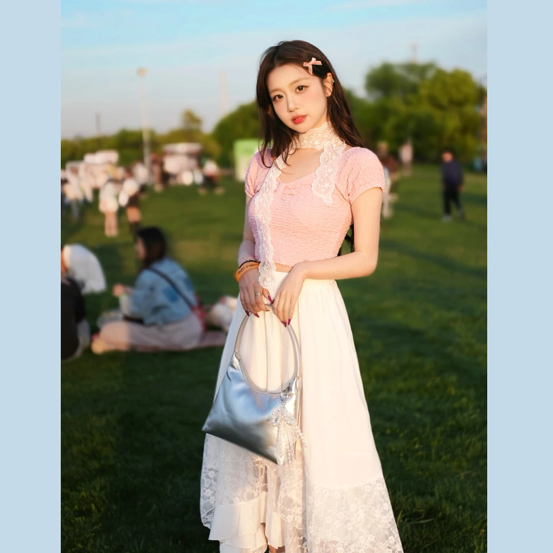 CHUU褶皱设计修身V领休闲短袖蝴蝶结扭结百搭个性辣妹穿搭T恤