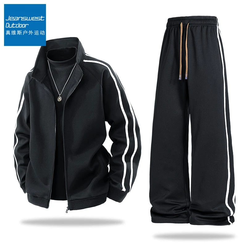 真维斯户外运动秋冬加绒保暖青少年套装男休闲潮流条纹情侣两件套