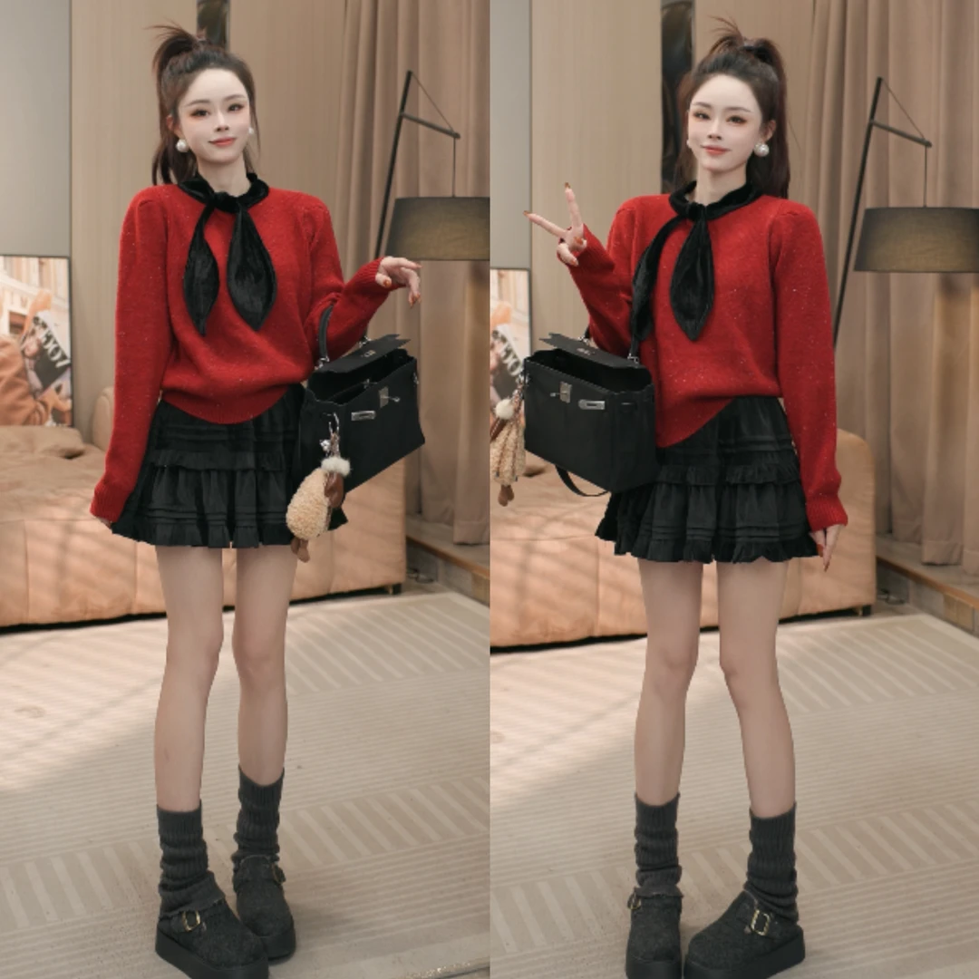 【晓溪服饰】冬装上新丝绒系带长袖设计感短款细闪毛针织衫女5322