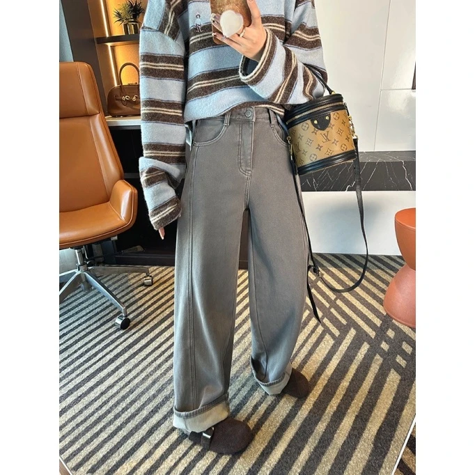 星空灰宽松阔腿牛仔裤女秋冬加绒梨形小个子百搭高腰显瘦直筒长裤
